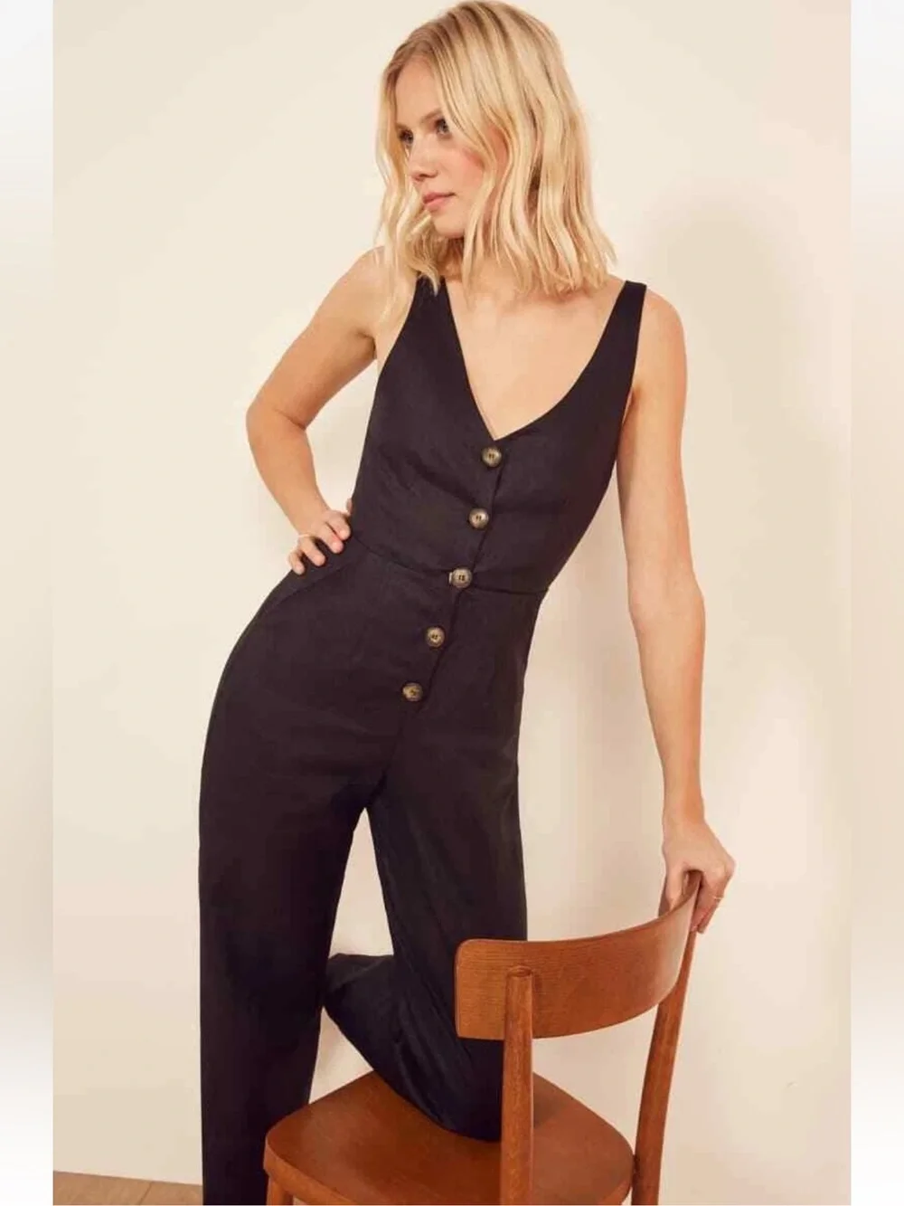Reformation Black Sleeveless Button-Front Linen Vera Jumpsuit Sz 0